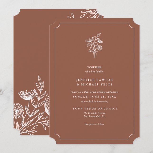 Minimalist Wildflower Burnt Orange Wedding Invitation (Front/Back)