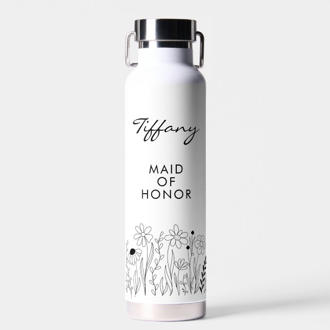 Minimalist Wildflower Cute Maid of Honour Water Bottle (Front)