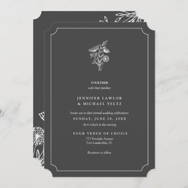 Minimalist Wildflower Dark Grey Wedding Invitation (Front/Back)