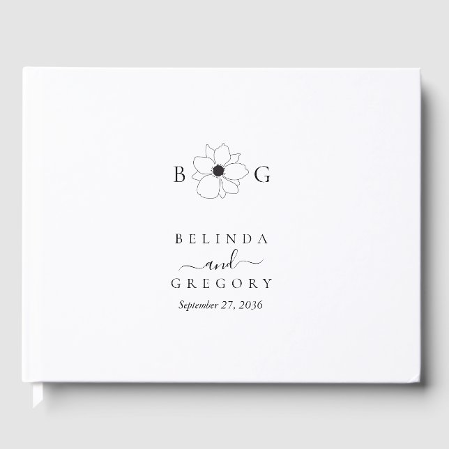 Minimalist Wildflower Hand-Drawn Monogram Wedding Guest Book (Front)