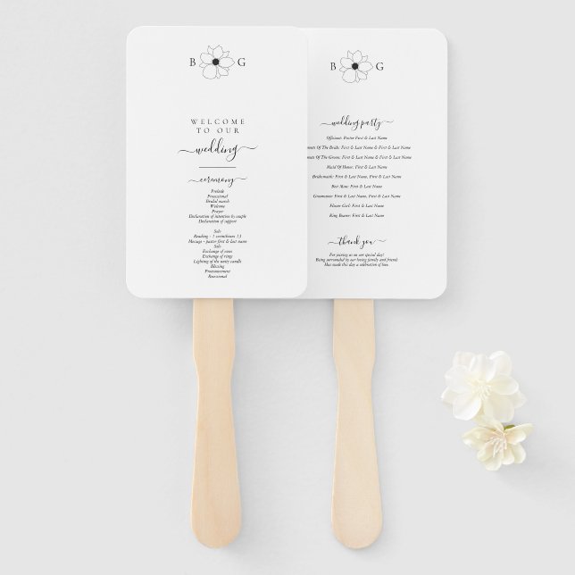 Minimalist Wildflower Hand-Drawn Monogram Wedding Hand Fan (Front and Back)