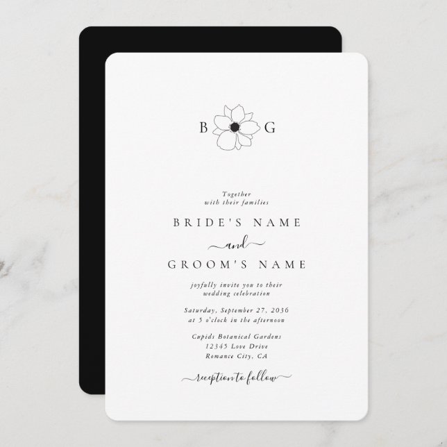Minimalist Wildflower Hand-Drawn Monogram Wedding Invitation (Front/Back)