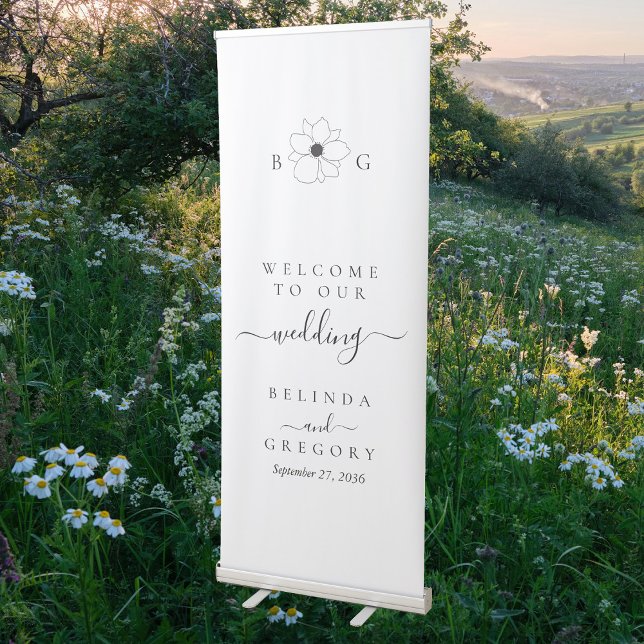 Minimalist Wildflower Hand-Drawn Monogram Wedding Retractable Banner (Minimalist Wildflower Hand-Drawn Monogram Wedding Retractable Banner)