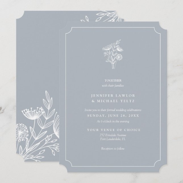 Minimalist Wildflower Pale Blue Wedding Invitation (Front/Back)
