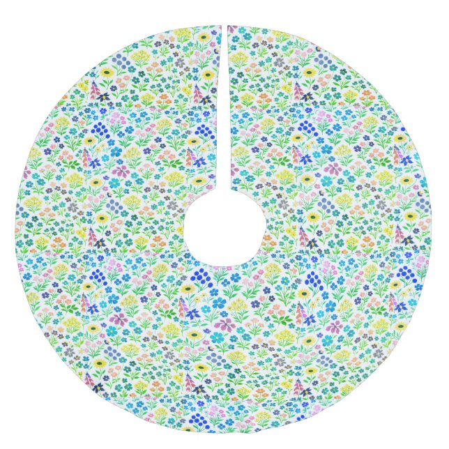 Minimalist Wildflower Seamless Pattern on White  Brushed Polyester Tree Skirt (Front)