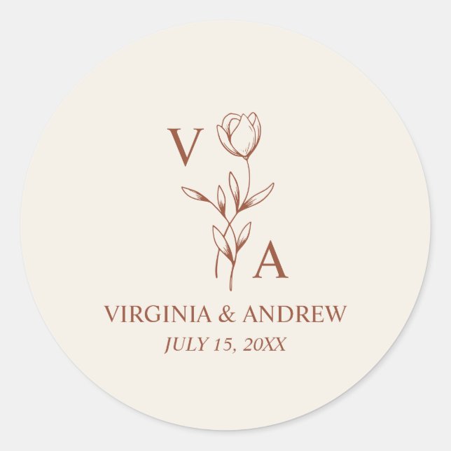 Minimalist Wildflower Terracotta Wedding  Classic Round Sticker (Front)