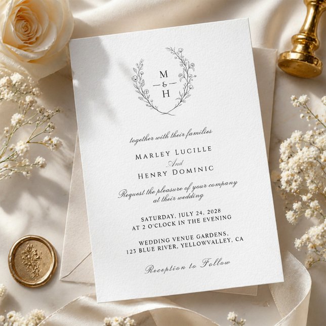 Minimalist Wildflower Wreath Boho Monogram Wedding Invitation (Creator Uploaded)