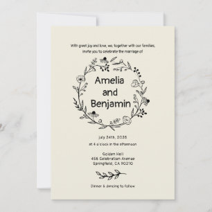 minimalist Wildflower Wreath Folk Rustic Wedding  Invitation