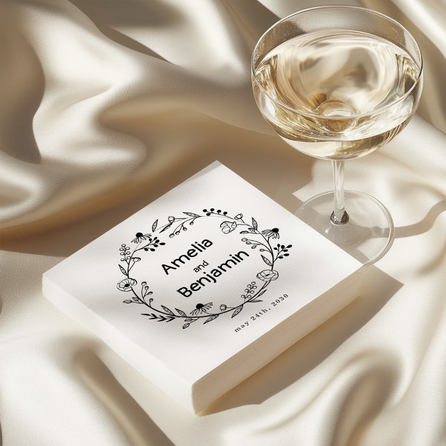 minimalist Wildflower Wreath Folk Rustic Wedding  Napkin (Creator Uploaded)