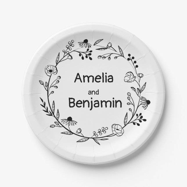 minimalist Wildflower Wreath Folk Rustic Wedding  Paper Plate (Front)