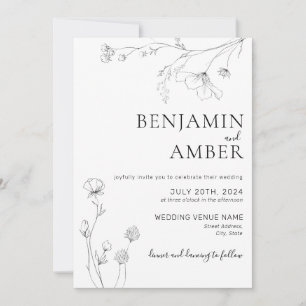 Minimalist Wildflowers Line Art Boho Wedding Invitation