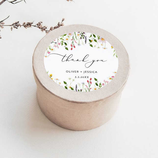 Minimalist wildflowers wedding classic round sticker (Creator Uploaded)