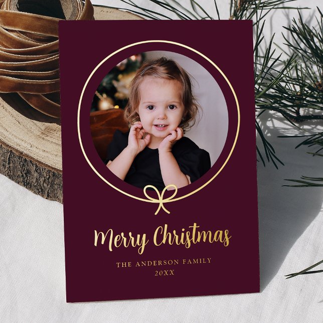 Minimalist Wine and Bow Ribbon Photo Foil Holiday Card (Creator Uploaded)