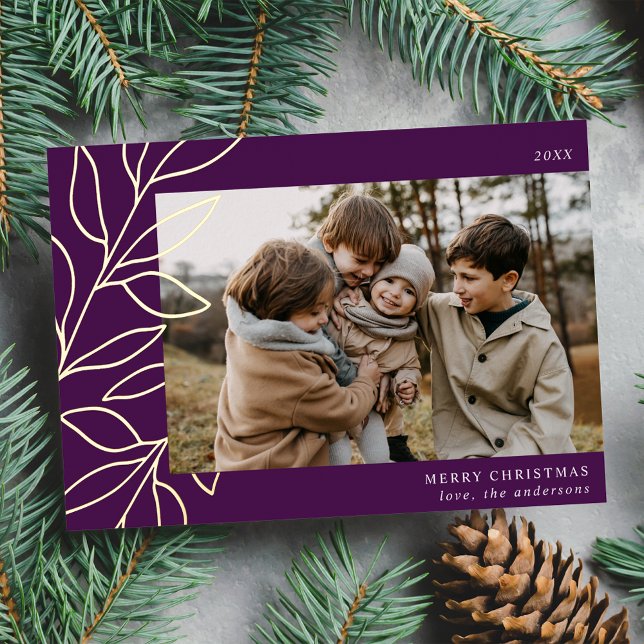 Minimalist Winter Botanical Purple Photo Foil Holiday Card (Creator Uploaded)