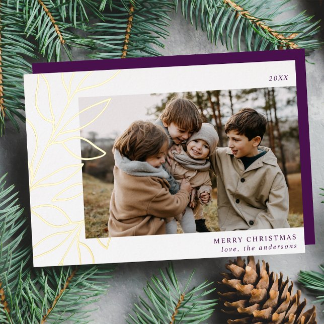 Minimalist Winter Botanical Purple Photo Foil Holiday Card (Creator Uploaded)