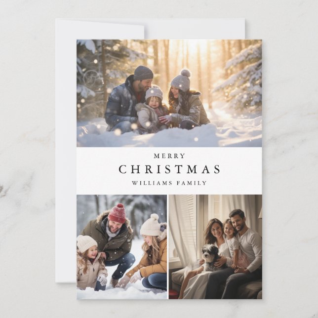 Minimalist Winter Christmas Family Photo Collage Holiday Card (Front)