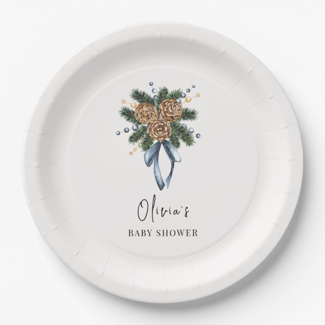 Minimalist Winter Christmas Wreath Baby Shower Paper Plate (Front)