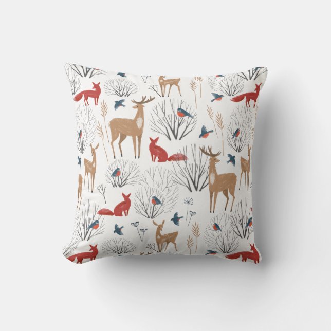 Minimalist Winter Forest Animals Pattern Cushion (Front)