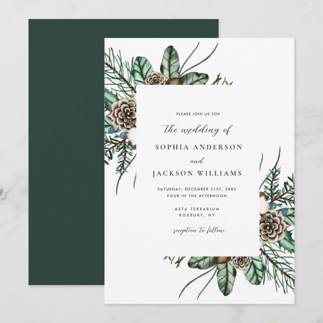 Minimalist Winter Greenery Wedding Invitation (Front/Back)
