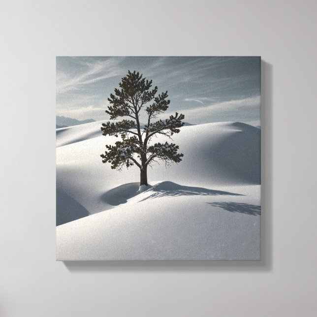 Minimalist Winter Landscape with a Lone Pine Tree Canvas Print (Front)