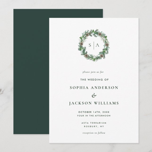Minimalist Winter Monogram Wreath Wedding Invitation (Front/Back)
