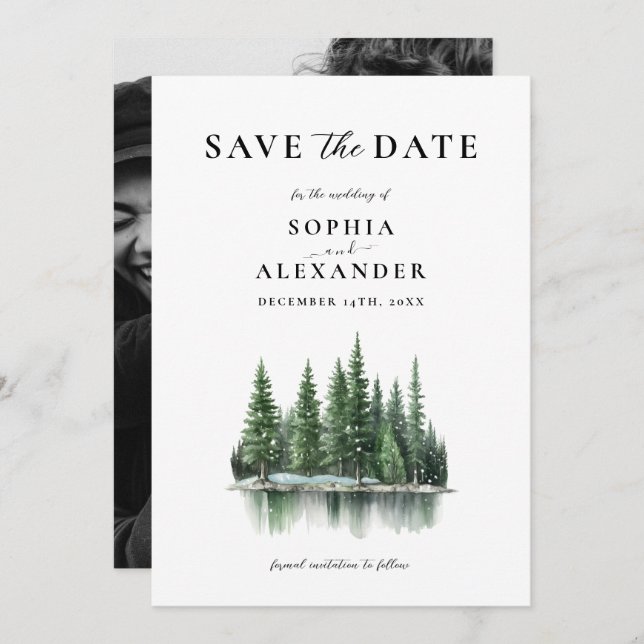 Minimalist Winter Pine Forest Photo Save the Date Invitation (Front/Back)