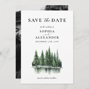 Minimalist Winter Pine Forest Photo Save the Date Invitation