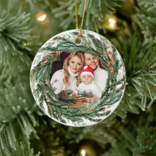 Minimalist Winter Pine Wreath Photo  Ceramic Tree Decoration