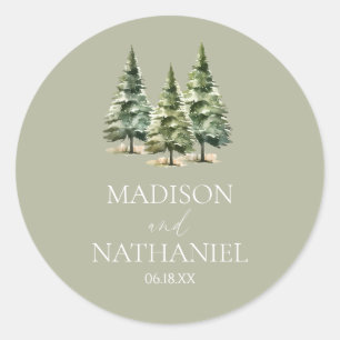Minimalist Winter Snowy Pine Tree Forest Wedding Classic Round Sticker