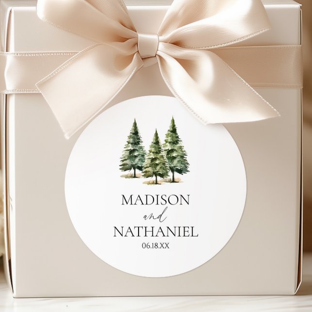 Minimalist Winter Snowy Pine Tree Forest Wedding Classic Round Sticker (Creator Uploaded)