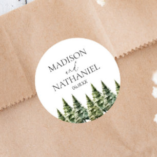 Minimalist Winter Snowy Pine Tree Forest Wedding Classic Round Sticker