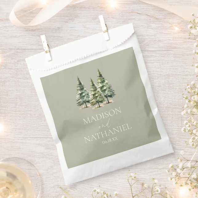 Minimalist Winter Snowy Pine Tree Forest Wedding Favour Bags (Clipped)