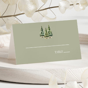 Minimalist Winter Snowy Pine Tree Forest Wedding Place Card
