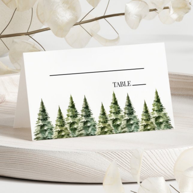 Minimalist Winter Snowy Pine Tree Forest Wedding Place Card (Creator Uploaded)