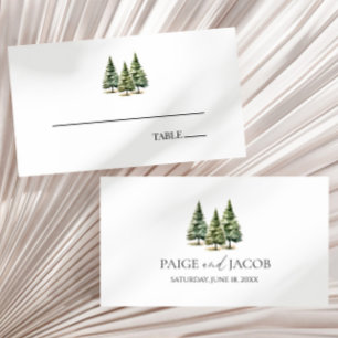 Minimalist Winter Snowy Pine Tree Forest Wedding Place Card