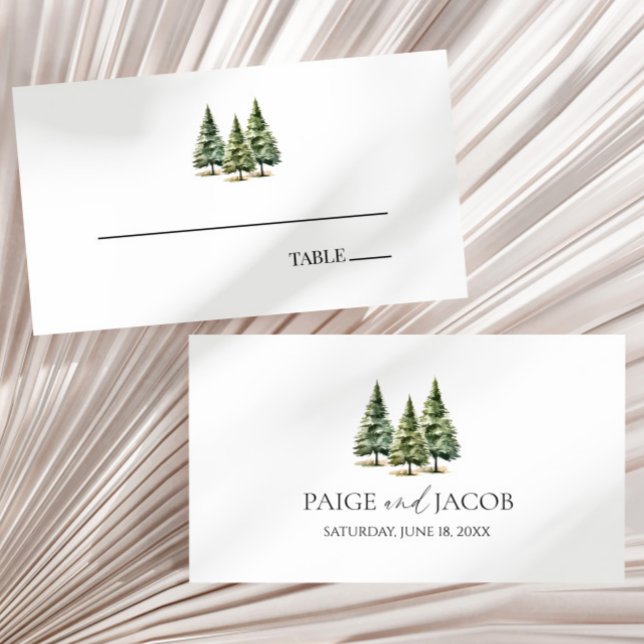 Minimalist Winter Snowy Pine Tree Forest Wedding Place Card (Creator Uploaded)