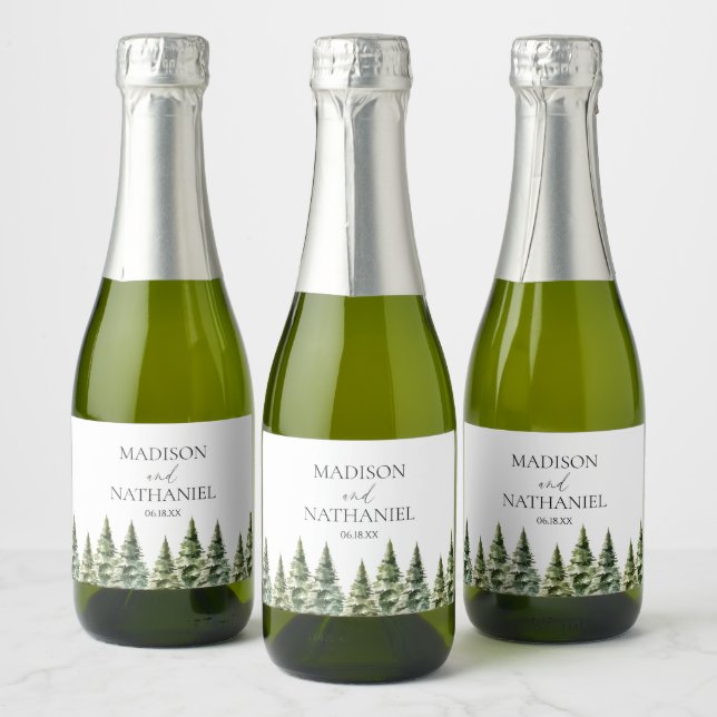 Minimalist Winter Snowy Pine Tree Forest Wedding Sparkling Wine Label (Bottles)