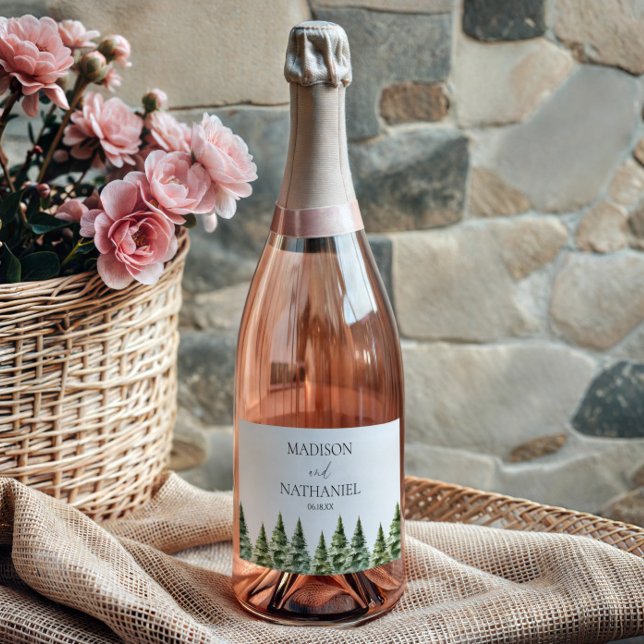 Minimalist Winter Snowy Pine Tree Forest Wedding Sparkling Wine Label (Creator Uploaded)