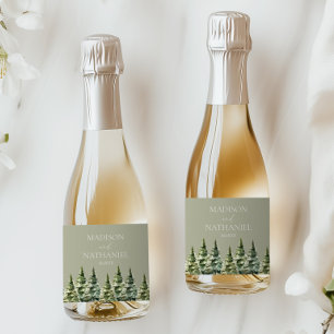 Minimalist Winter Snowy Pine Tree Forest Wedding Sparkling Wine Label