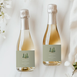 Minimalist Winter Snowy Pine Tree Forest Wedding Sparkling Wine Label