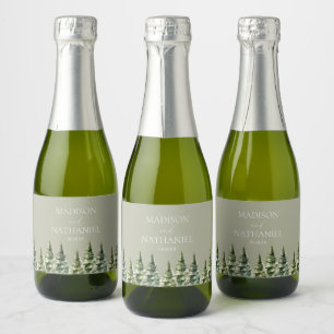 Minimalist Winter Snowy Pine Tree Forest Wedding Sparkling Wine Label
