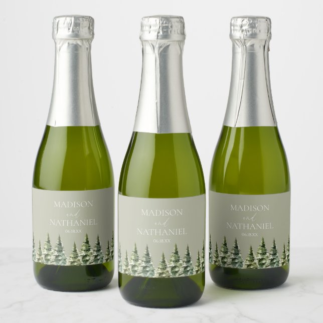 Minimalist Winter Snowy Pine Tree Forest Wedding Sparkling Wine Label (Bottles)