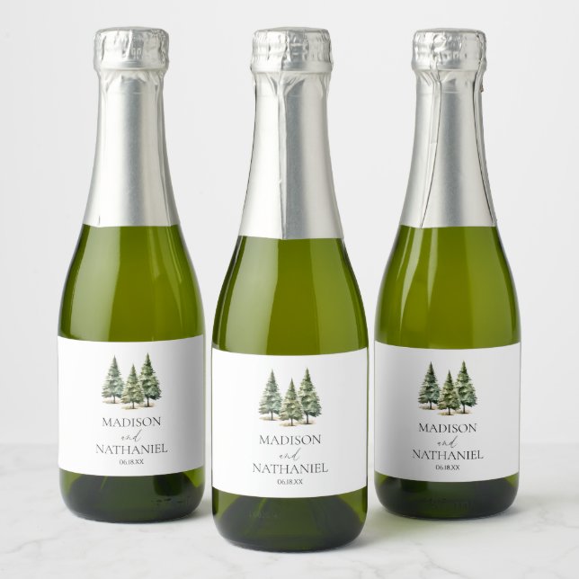 Minimalist Winter Snowy Pine Tree Forest Wedding Sparkling Wine Label (Bottles)