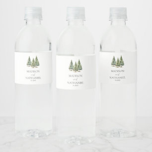 Minimalist Winter Snowy Pine Tree Forest Wedding Water Bottle Label
