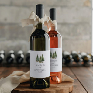 Minimalist Winter Snowy Pine Tree Forest Wedding Wine Label