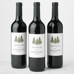 Minimalist Winter Snowy Pine Tree Forest Wedding Wine Label