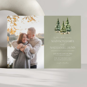 Minimalist Winter Snowy Pine Trees Picture Wedding Invitation