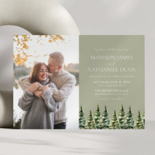 Minimalist Winter Snowy Pine Trees Picture Wedding Invitation