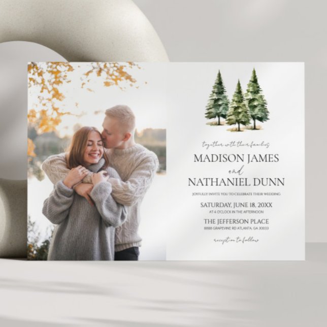 Minimalist Winter Snowy Pine Trees Picture Wedding Invitation (Creator Uploaded)