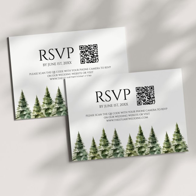 Minimalist Winter Snowy Pine Trees QR Code Wedding RSVP Card (Creator Uploaded)